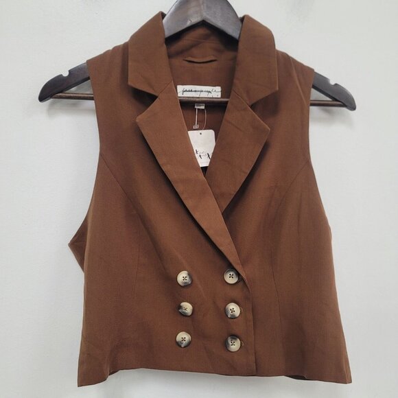 Free People Jackets & Blazers - Free People Womens Gabbie Double Breasted Vest Size 4 Brown Preppy Academia NWT